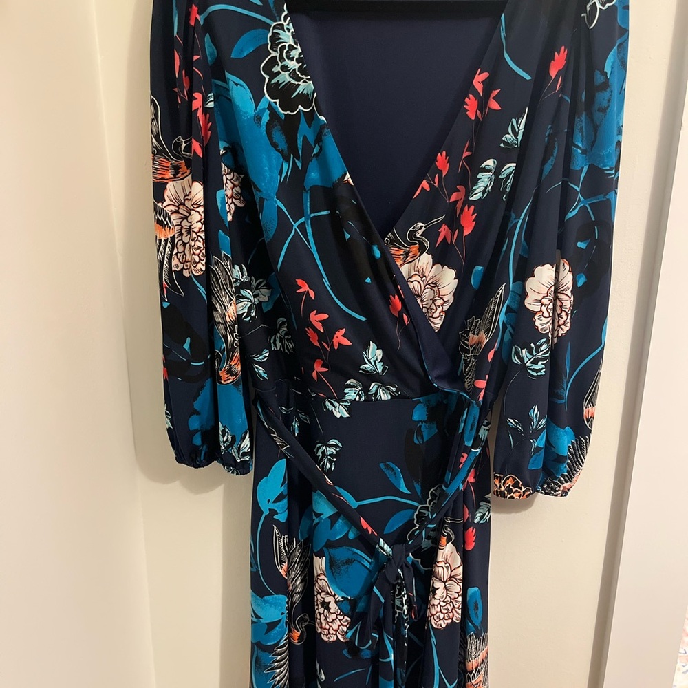 Eliza J Blue Wrap Dress with Tie Front and Bishop Sleeves
